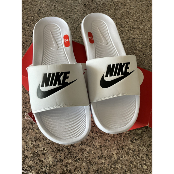 Nike Victori One Slide Sandals WHITE BLACK SWOOSH CN9675-100 SZ:14 - Picture 1 of 9